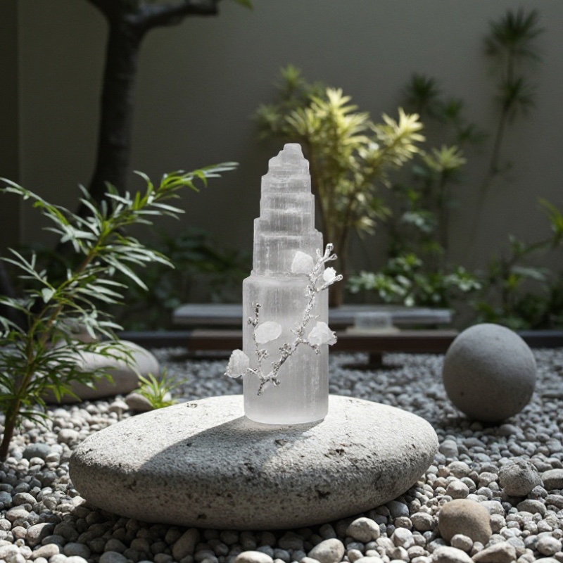 Natural White Selenite Tower With Raw Gravel Gemstones Flower Natural White Selenite Tower With Raw Gravel Gemstones Flower