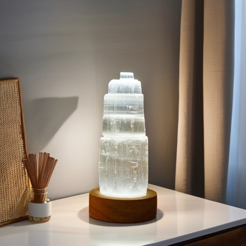 Natural Selenite Crystal Lamp with USB Wooden Base - 副本 Natural Selenite Crystal Lamp with USB Wooden Base - 副本